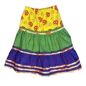 Girls Tiered Midi Skirt Mushroom Print Boho Cottagecore Patchwork 7/8 Nepal